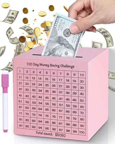 Money Saving Box, Unbreakable Piggy Bank for Adults Save $5,050 Metal Savings Box, 100 Day Money Saving Challenge Stainless Steel Box Must Break to Open 4.72 Inch (Pink) - Image 1