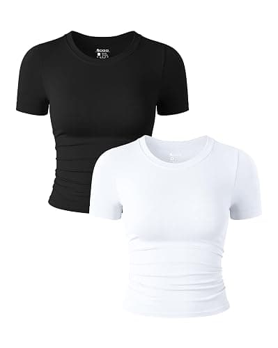 OQQ Womens 2 Piece Shirts Short Sleeve Crew Neck Ruched Stretch Fitted Tee Shirts Crop Tops - Image 1