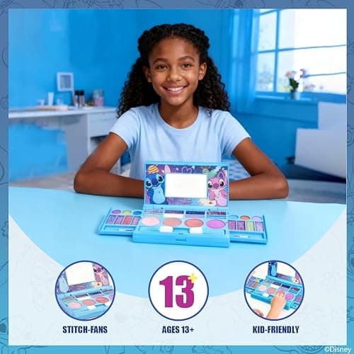 Stitch All-in-One Kids Cosmetic Compact Set Includes Washable Lip Gloss, Eye Shimmer, Cheek Shimmer, Brushes Colorful Portable Beauty Set for Girls, Tweens, by Townley Girl thumbnail 7