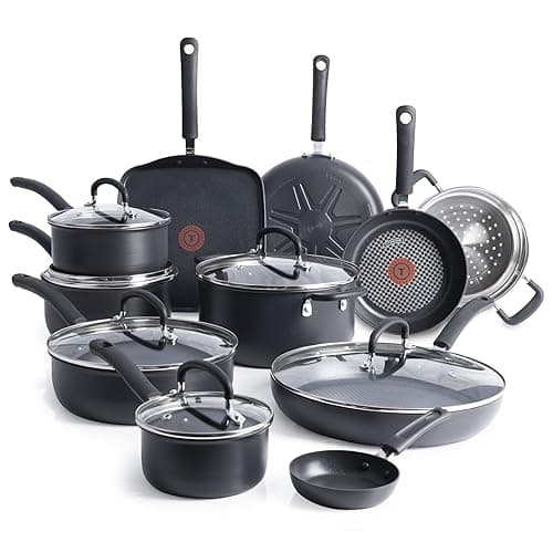 T-fal Ultimate Hard Anodized Nonstick Cookware Set 17 Piece, Oven Broiler Safe 400F, Lid Safe 350F, Kitchen Cooking Set w/Fry Pans, Saucepans, Saute Pan, Griddle, Pots and Pans, Dishwasher Safe Black - 17-Piece