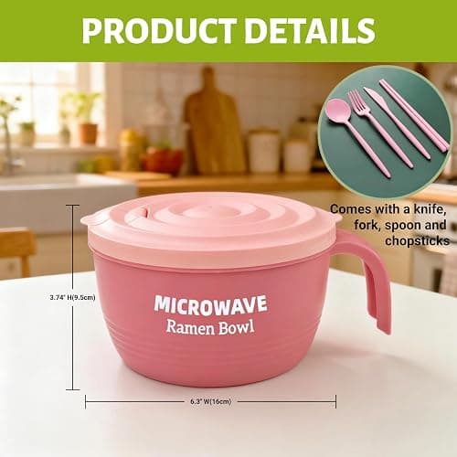 Layron Large Ramen Bowl Set, Ramen Noodle Bowls Microwavable 45 oz, Ramen Cooker, Microwave Pasta Cooker, Ramen Bowl Microwave Gift for College Boys Girls Male Female Dorm Room (pink) thumbnail 2