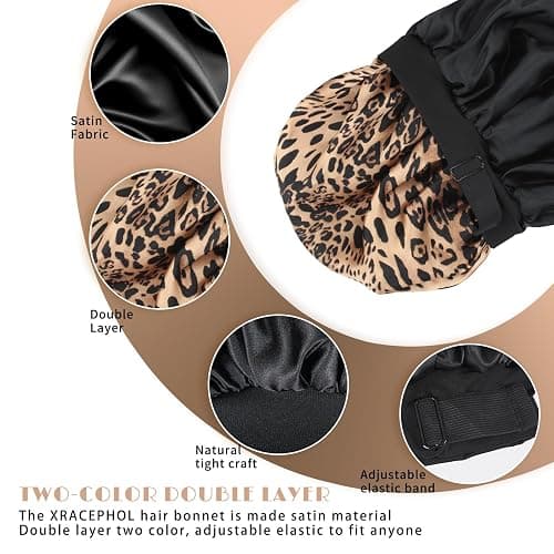 Silk Bonnet for Sleeping Double Layer Satin Bonnet Adjustable Bonnets for Black Women Sleep Cap Reversible Hair Bonnet for Curly Hair (Black and Leopard) thumbnail 3
