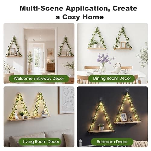 RICHER HOUSE Macrame Floating Shelves for Wall No Drilling, Boho Hanging Shelf with Artificial Ivy and LED Lights, Plant Wall Decor for Living Room Bedroom Dorm thumbnail 3