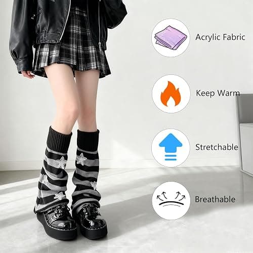 WVD Leg Warmers, Striped Knitted Y2K Leg Warmers Women Winter Thermal Warmer, Goth Harajuku Warm Socks Women Thermal for Autumn JK Boot, Snow Boots and Calf with College Style thumbnail 4
