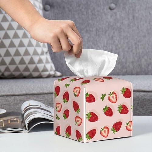 Tissue Box Cover, Pink Strawberry Pu Leather Square Tissue Holder, Waterproof Durable Facial Tissue Protector, Home Decor thumbnail 2