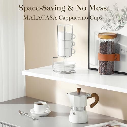 MALACASA 2.5 OZ Porcelain Espresso Cups with Saucers and Metal Stand Set of 4, Stackable Cappuccino Cups, White Expresso Shots Cup Set for Coffee Drinks, Latte, Tea thumbnail 7