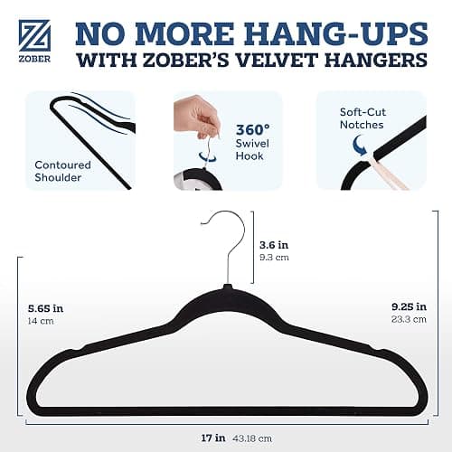 ZOBER Black Velvet Hangers 50 Pack - Clothes Hangers, Coat Hanger for Pants & Dress Clothes - Non Slip w/ 360 Degree Swivel, Holds up to 10 lbs - Strong Felt Hanger for Clothing thumbnail 3