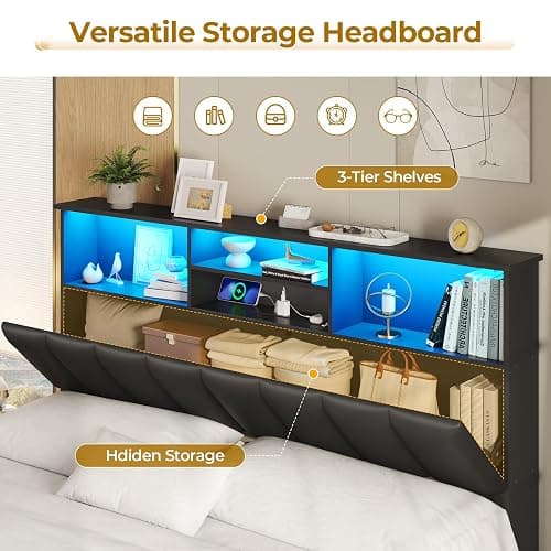 VIAGDO Queen Bed Frame with Bookcase Headboard, Wooden Bed Frame Queen Size with Charging Station, 4 Storage Drawers and LED Lights, with Type-C and USB, No Box Spring Needed, Black thumbnail 3