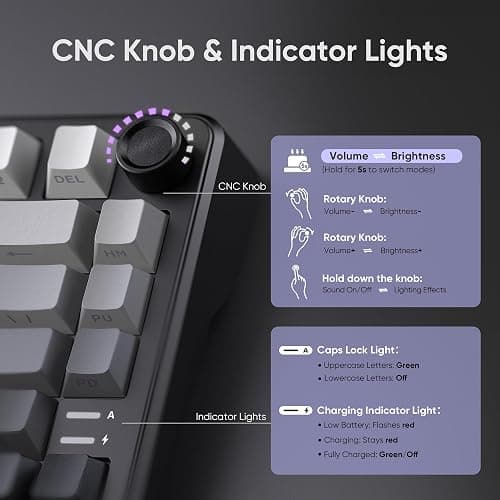 RedThunder K75 Wireless Mechanical Gaming Keyboard, 75% Hot Swappable Creamy Keyboard with Knob, RGB Backlit, Pre-lubed Linear Switches, Side Printed PBT Keycaps, Wireless/Wired/BT5.0 Connection Mode thumbnail 3