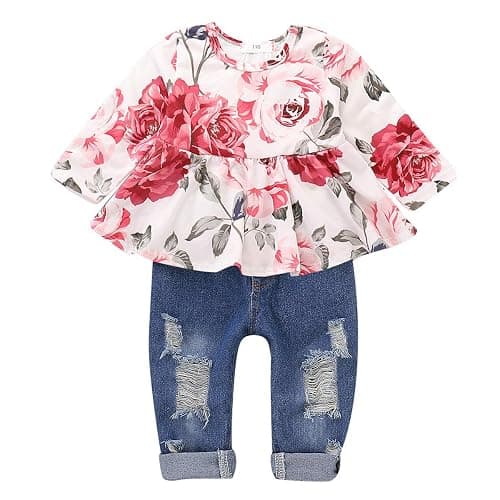 CARETOO Girls Clothes Outfits Cute Baby Girl Floral Long Sleeve Pant Set Flower Ruffle Top - Image 1