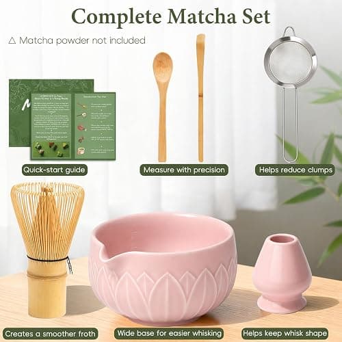 HUSHHAVN Matcha Whisk Set, Ceramic Matcha Set Includes Bowl & Holder, Bamboo Whisk (Chasen), Scoop, Spoon and Sifter, 6Pcs Matcha Kit Covers Everything Needed for Making Matcha (Leaf Pink) thumbnail 3