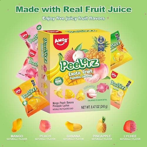 AMOS Peelerz Exotic Fruit Peelable Gummy Candy – 5 Fruit Flavors (Mango, Peach, Banana, Pineapple, Lychee), 8.47oz (240g), Individually Wrapped thumbnail 4
