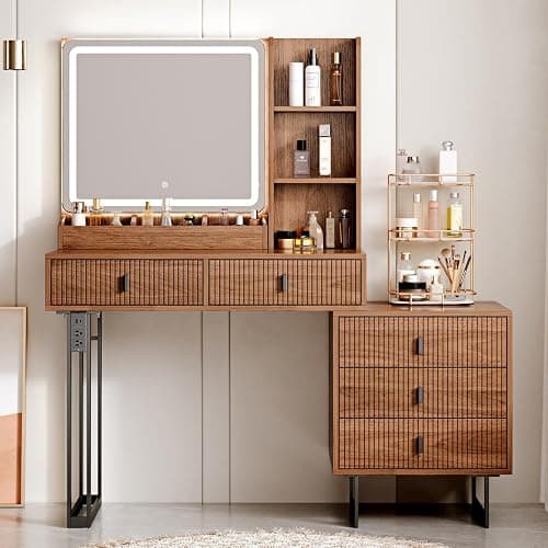 Large Vanity Desk with 3 Color Touch Screen Dimming Mirror, Vanity Desk with Charging Station, Modern Retractable Makeup Dressing Table, Makeup Table With storage shelves and 5 Sliding Drawers, Walnut thumbnail 8
