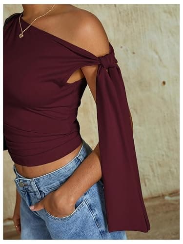 Milumia Women's One Off The Shoulder Tank Tops Asymmetrical Going Out Top | Ruched, Tie Side, Fitted, Workwear, Business Casual, Trendy, Date Night, Sleeveless Tee Tops thumbnail 6