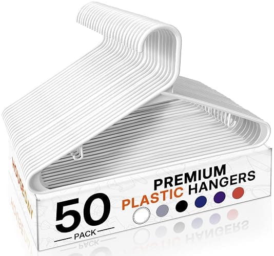 HOUSE DAY White Plastic Hangers 50 Pack, Plastic Clothes Hangers with Built-in Hooks, Durable and Strong Plastic Coat Hangers for Closet, Space Saving Clothing Hanger for Shirts, Coats, Skirt, Dress - Image 1