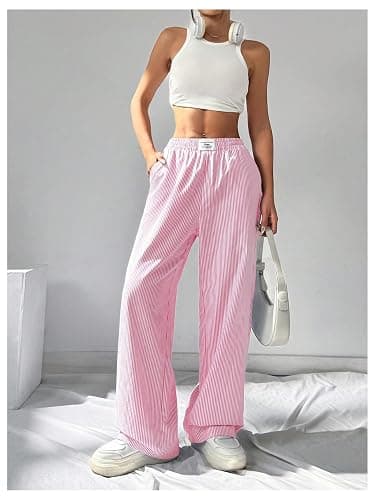 WDIRARA Women's Striped Print Straight Leg Pants Elastic Waist Casual Trousers with Pockets thumbnail 4
