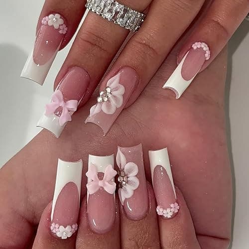 Jremg White French Tip Press on Nails Long Square Fake Nails with 3D Flowers Rhinestones Designs Glossy Cute Pink Bow Charms False Nails Reusable Nude Pink Full Cover Glue on Nails for Women 24Pcs - Image 1