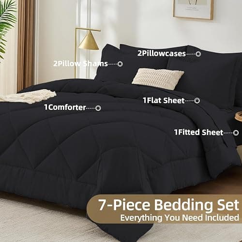 FUANNA 7 Pieces Full Size Comforter Sets, All Season Bedding Sets Full Size, Luxury Soft Bed in a Bag with Comforter, Flat Sheet, Fitted Sheet, Pillowcases & Pillow Shams, Black thumbnail 6