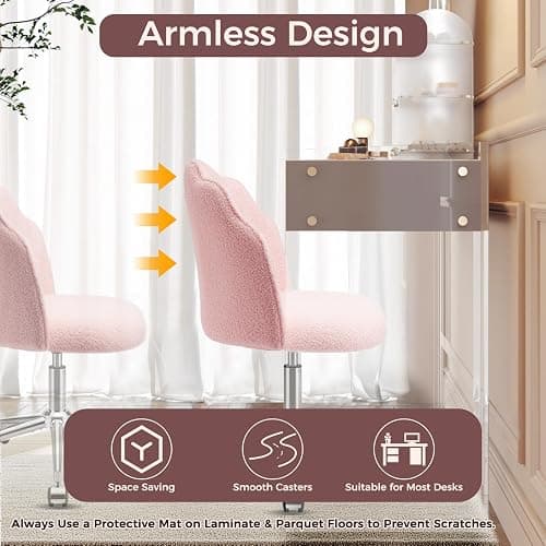 Eufurnibi Vanity Chair for Dressing Table with Wheels, Boucle Chair for Bedroom, Swivel Armchair for Home, Height Adjustable&Easy Assembly, Pink thumbnail 8
