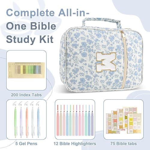 Personalized Initial Bible Cover Case for Women Girls Kid - Large Quilted Bible Case with Handle, Stylish Chenille Letter Bag Study Supplies, Perfect Christmas Gifts for Christians (Blue Flower-M) thumbnail 3