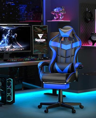 Soontrans Gaming Chair with Footrest,Computer Office Chair, Ergonomic Gamer Chair with Height Adjustment,Headrest and Lumbar Support Gamer Chair(Storm Blue) thumbnail 2