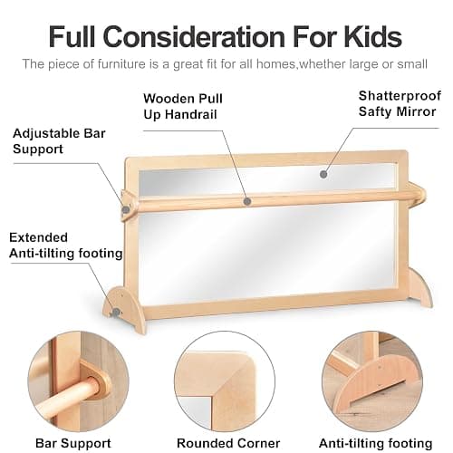 KRAND 3-Position Montessori Wood Frame Non-Shatter Safety Pull Up Bar Baby Big Mirror Set, Infant Coordination Mirror, Kids Classroom Furniture for Daycare, Homeschool or Preschool thumbnail 5