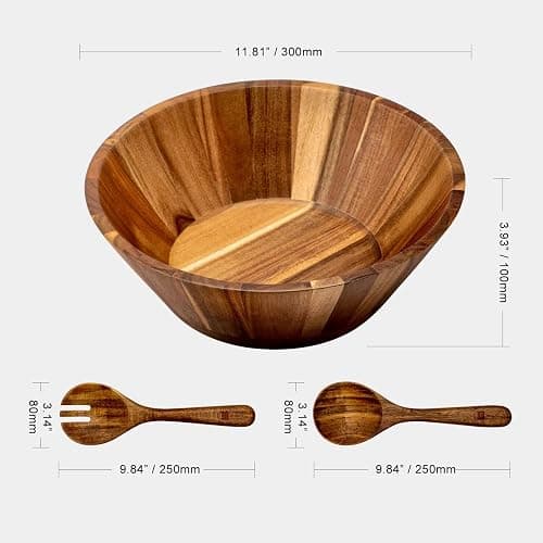 JF JAMES.F Wooden Salad Bowl, 12'' Acacia Wood Large Salad Bowl Set Big Salad Serving Bowl with Serving Utensils thumbnail 3