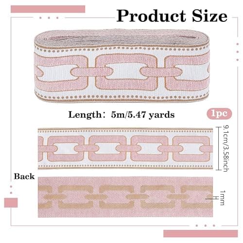 PH PandaHall 5.5Yard Embroidered Drapery Trim Geometric Ribbon 3.6" Wide Polyester Jacquard Grid Ribbon Pink Gray Drapery Banding Trim Tape for Drapes Curtain Banding Sewing Clothing Decor thumbnail 3