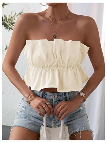 GORGLITTER Women's Strapless Bubble Tube Tops Ruffle Open Back Sleeveless Cute Summer Bandeau Peplum Crop Tops 2025 thumbnail 5