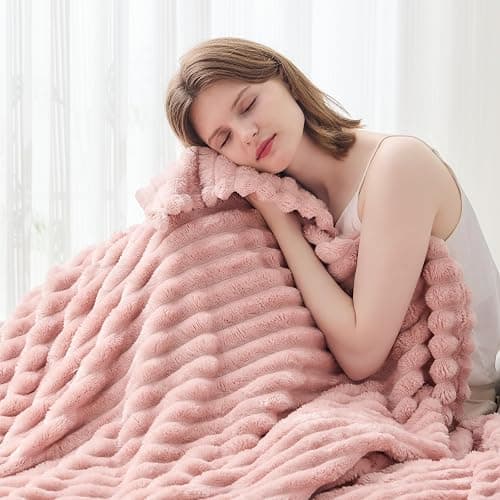 NEWCOSPLAY Super Soft Throw Blanket Pink Premium Silky Flannel Fleece 3D Ribbed Jacquard Lightweight Bed Blanket All Season Use (Pink Ribbed, Throw(50"x60")) thumbnail 4