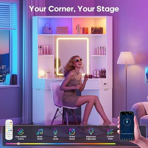 HAUOMS Corner Vanity, with Bag Showcase, LED Lights, Fluted Wood Luxury Makeup Vanity Desk with Mirror, Big Dressing Table with Glass Top, Cabinets, Shelves, Drawers, Charging Station, White thumbnail 4