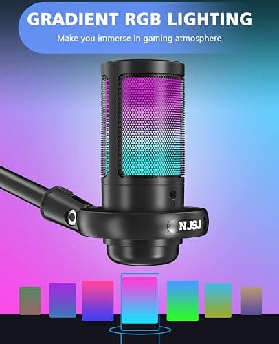 NJSJ USB Microphone for PC, Gaming Mic for PS4/ PS5/ Mac/Phone,Condenser Microphone with Touch Mute, RGB Lighting,Gain knob & Monitoring Jack for Streaming,Podcasting (with Desktop Stand, Black) thumbnail 3