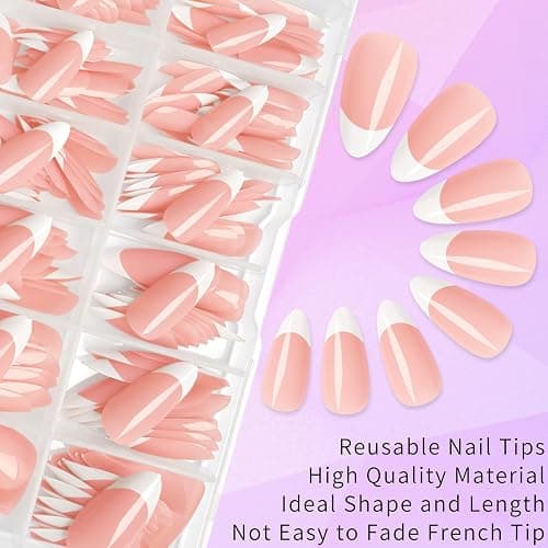 Lifextol 216PC White French Tip Press on Nails Medium Fake Nails Press ons with 10*Adhesive Tabs, Pink Almond Acrylic Nail Press on Nails French Tip Nails False Artificial Fingernails Stick on Nails thumbnail 4
