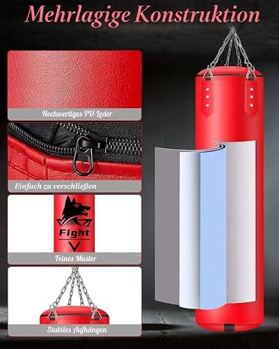 JUOIFIP Hängendes Boxsack Set Ungefüllt für Erwachsene- Mikrofaser Leder Boxsack mit Komplett Zubehör, Stabiler Sandsack für Kickboxen, MMA, Grappling, Muay Thai, Fitness– Indoor & Outdoor thumbnail 4