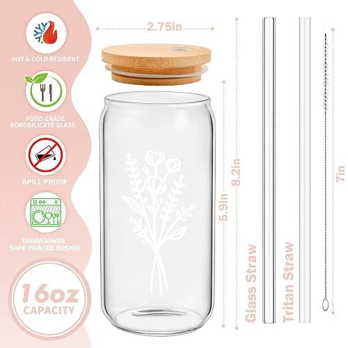 Cute Glass Cups with Lids and Straws, Aesthetic Iced Coffee Cup, Flower Mugs, Personalized Tumbler with Straw, Birthday Gifts for Women Friend Sister Her Coffee Lover Bridesmaid Stuff Christmas thumbnail 3