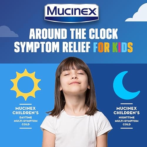 Mucinex Cold & Cough, Children's Multi-Symptom Day/Night Liquid, Very Berry, 8oz (2x4oz) Relieves Nasal & Chest Congestion, Thins & Loosens Mucus, Controls Cough, Reduces Fever, Soothes Sore Throat | For Ages 4+, Guaifenesin, Dextromethorphan HBr, Diphenhydramine HCl, Phenylephrine HCl & Acetaminophen, Alcohol-Free thumbnail 4