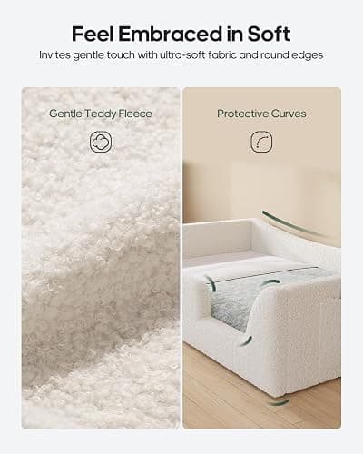 HAUOMS Full Floor Bed, Low Montessori 2-in-1 Convertible Beds, with Slats and High Rails, Upholstered Teddy Boucle, Curve Round Frame for Girls and Boys, No Box Spring Needed, Easy Assemble, Beige thumbnail 6