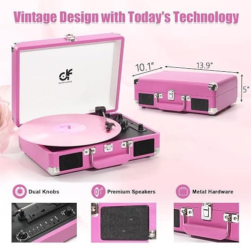 Record Player, Vintage 3-Speed Suitcase Turntable with Built-in 2 Speakers,USB Recording Vinyl to MP3, Bluetooth 3 Speed 3 Size Portable Record Player for Music Lovers Hot Pink thumbnail 8