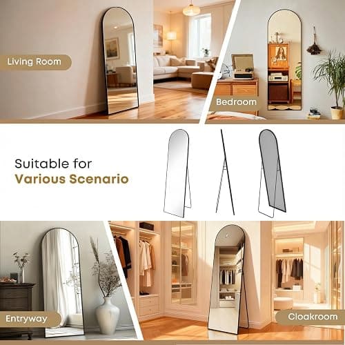 ZIHUASHENG 64"x21" Inch Full Length Mirror with Stand, Arched Aluminum Frame Wall Mirror & Freestanding Hanging Mounted Mirrors, Tempered Glass Full Body Mirrors for Bedroom, Living Room Decor,Black thumbnail 6