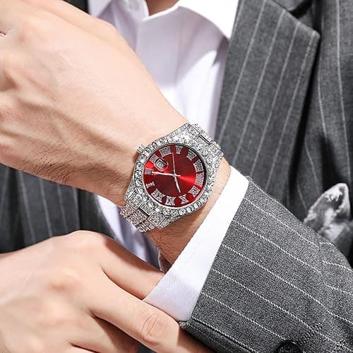 SENRUD Men's Diamond Watch Fashion Crystal Rhinestone Quartz Analog Watch Iced-Out Bracelet Wrist Watch thumbnail 5