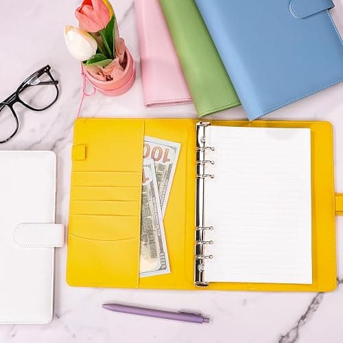 Antner A5 Binder 6 Ring Refillable Notebook Planner Cover, PU Leather Aesthetic Small Binder Loose Leaf Photocard Holder Budget Planner for Cash Organizer with Magnetic Buckle, Lemon Yellow thumbnail 2