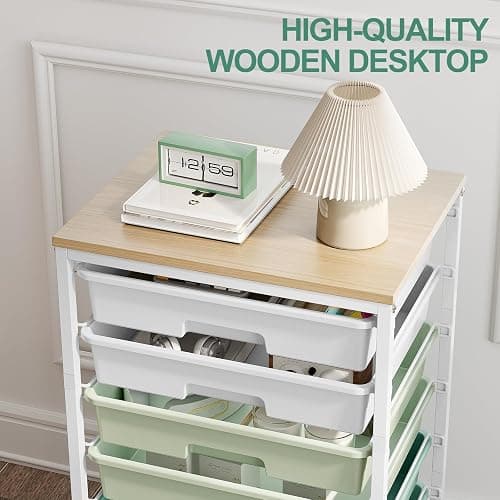 Storage Cart with 8 Drawers, Utility Cart with White Drawers and Wooden Tabletop, Craft Cart, Teacher Organization for Classroom, Storage Furniture, Office Organization, Green thumbnail 5