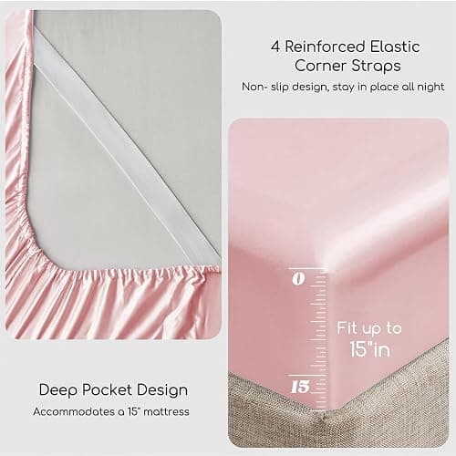 MR&HM Satin Bed Sheets, Full Size Sheets Set, 4 Pcs Silky Bedding Set with 15 Inches Deep Pocket for Mattress (Full, Light Pink) thumbnail 4