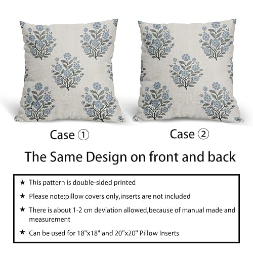 Grandmillennial Pillow Covers 18x18 Inch Set of 2 Blue Floral Block Print Cotton Linen Decorative Throw Pillow Case Grand Millennial Cushion Cover for Bedroom Sofa Living Room Chair Home Decor thumbnail 6