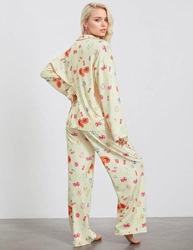TIKITIDES Womens 2 Piece Floral Fruit Button Down Pajama Sets Cute Long Sleeve Wide Leg Soft Pjs Loungewear thumbnail 3