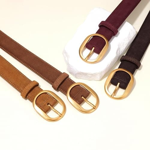 Womens Leather Suede Belt Brown Waist Belt for Casual Dress Jeans Ladies Genuine Leather Gold Buckle Belt thumbnail 6