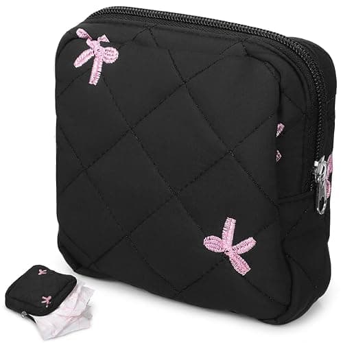 Portable Period Pouch, Cute Small Period Bag for Purse, Black Corduroy Sanitary Pad Pouch for Women - Image 1