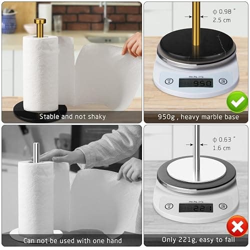 Paper Towel Holder Countertop, Brushed Gold, 7" Black Marble Base | Weighted Marble Base, Paper Roll Holder, Modern Free Standing, Stainless Steel Stand, For Kitchen Bathroom thumbnail 4