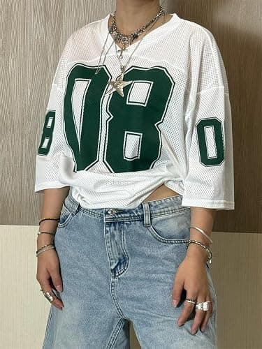 Oversized Jersey Shirts for Women Y2k Number Graphic Print V Neck Short Sleeve Aesthetic Summer T-Shirt Streetwear thumbnail 4