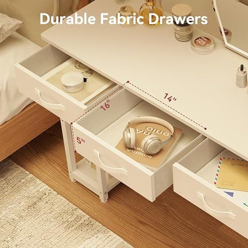 oneinmil White Vanity Desk, Computer and Study Desk with Fabric Drawers & Side Storage Bag, no Mirror. Makeup Vanity Table, Home Office Desk, Modern Writing Desk, 48"x16". thumbnail 4